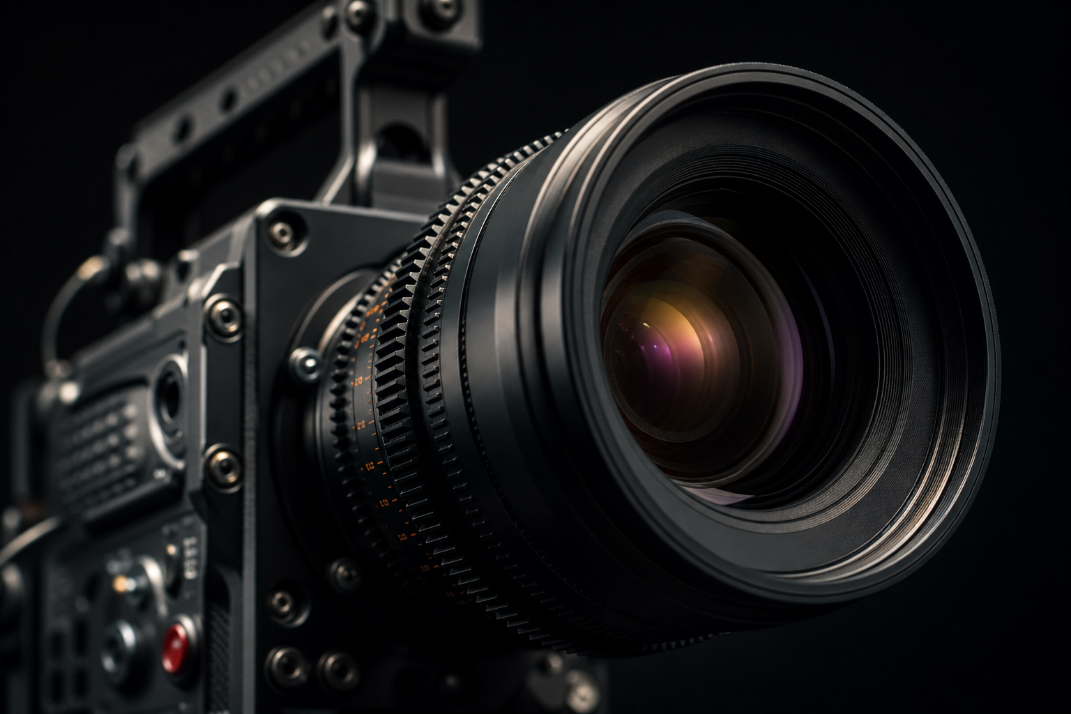 Primo piano di una cinepresa con ottica cine