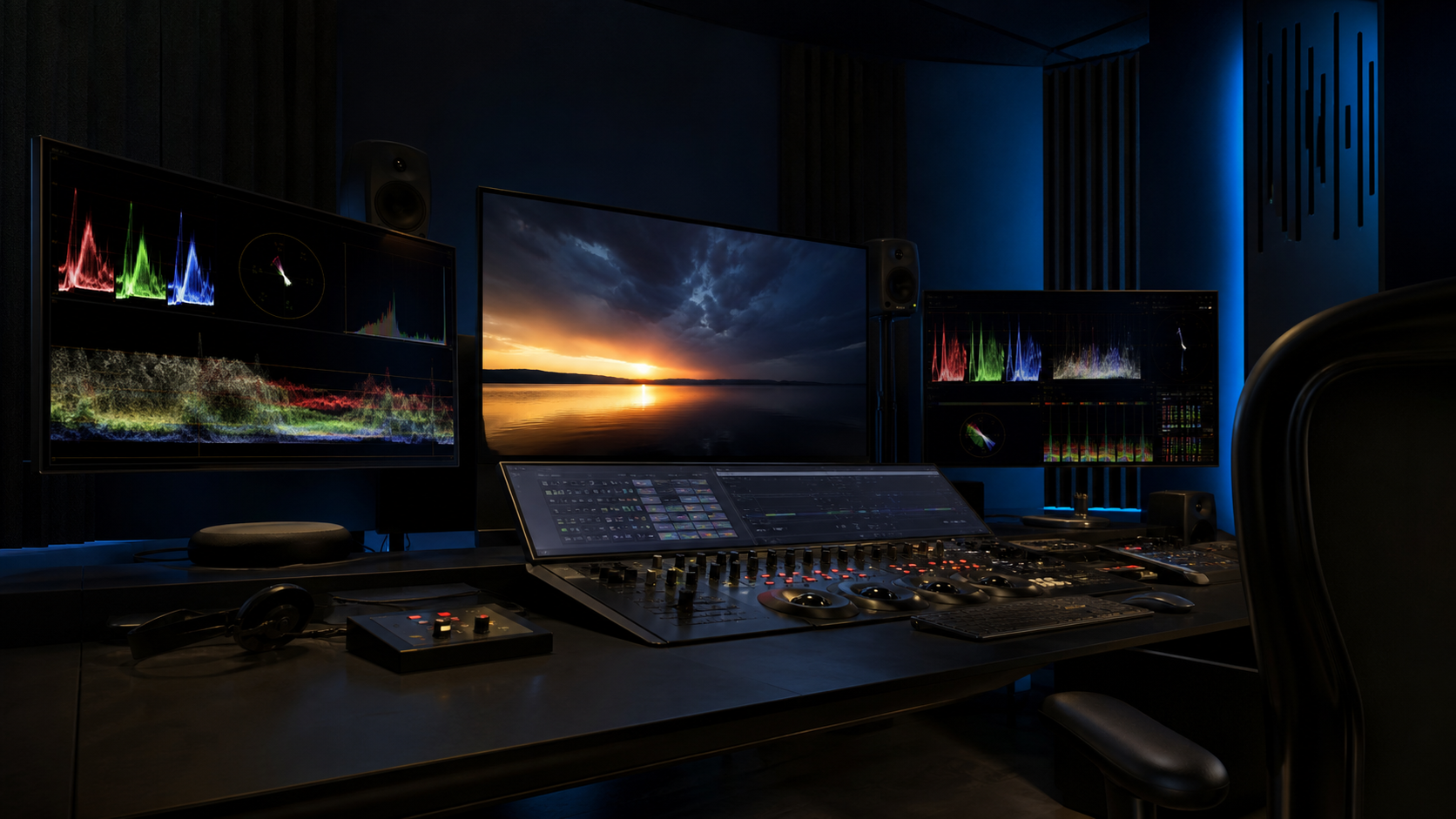 Sala di color grading con monitor calibrati
