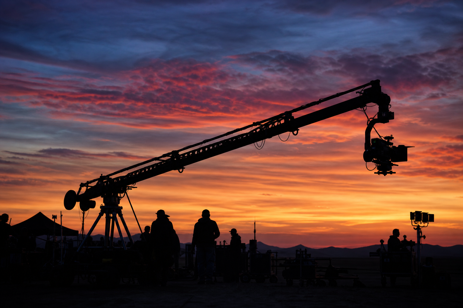 Gru cinematografica al tramonto