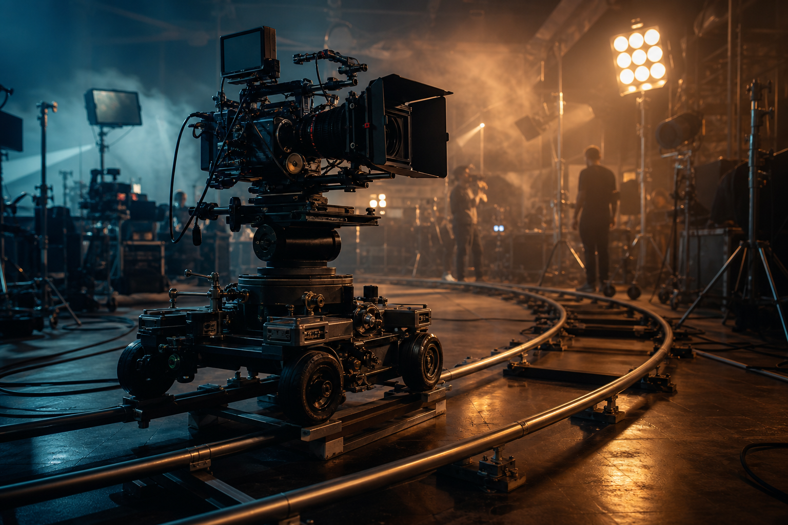 Set cinematografico con cinepresa su dolly e luci