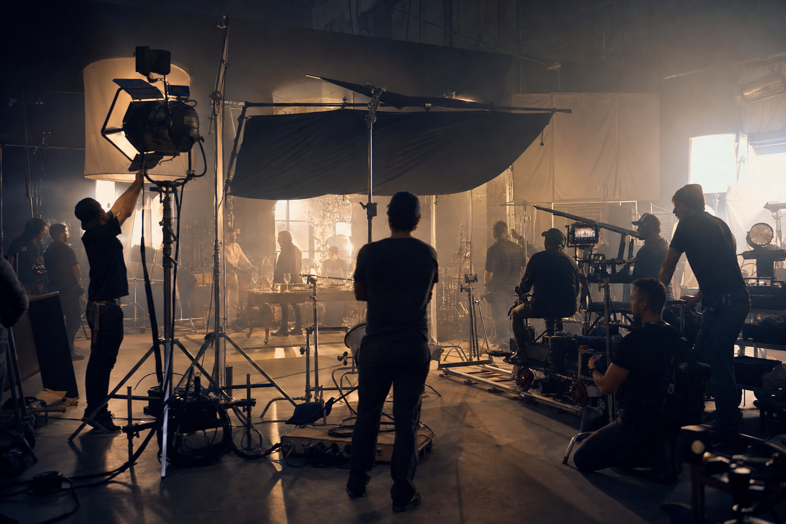 Troupe sul set con luci e attrezzatura